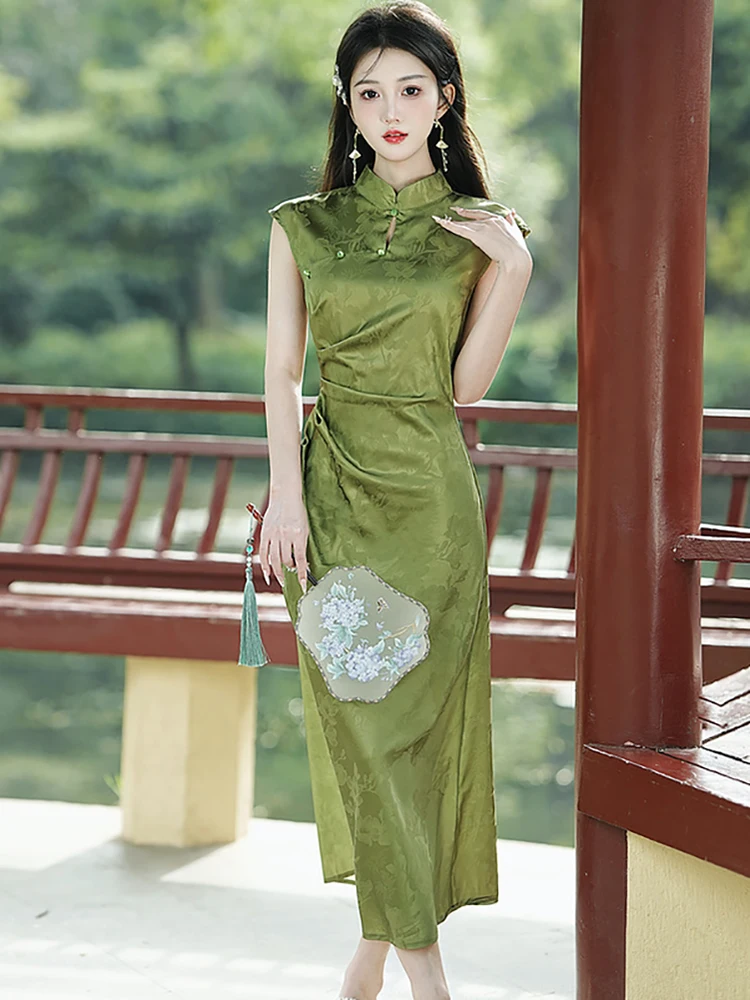 

Women Green Jacquard Floral Stand Collar Long Dress 2024 Korean Vintage Luxury Vestidos Summer Elegant Bodycon Birthday Dresses