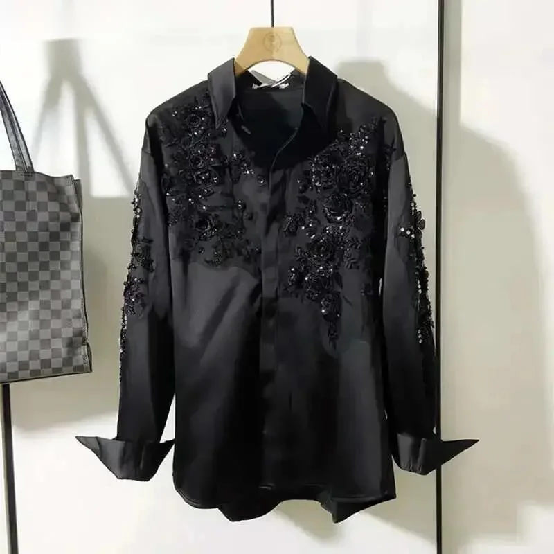 2025 New Glitter Embroidered Shirt Long Sleeve Design Light Luxury Shirt Turn-down Collar Korea Fashion Male Tops XPO7