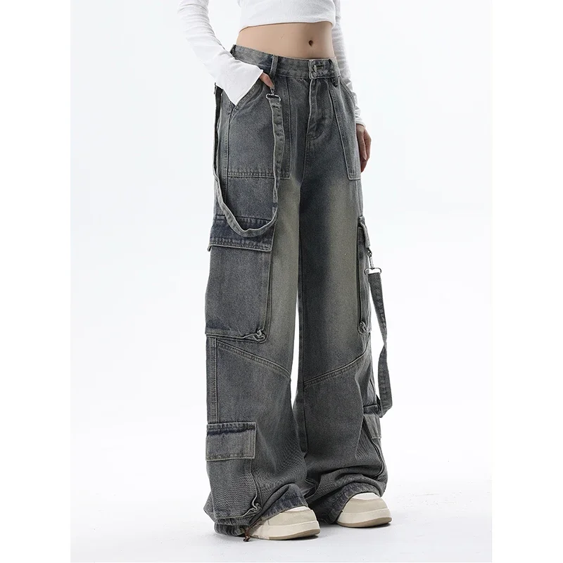 Women Blue Jeans Cargo Pants Streetwear High Waist Wide Leg Pants Fashion Y2K Style Female Winter Straight Trousers