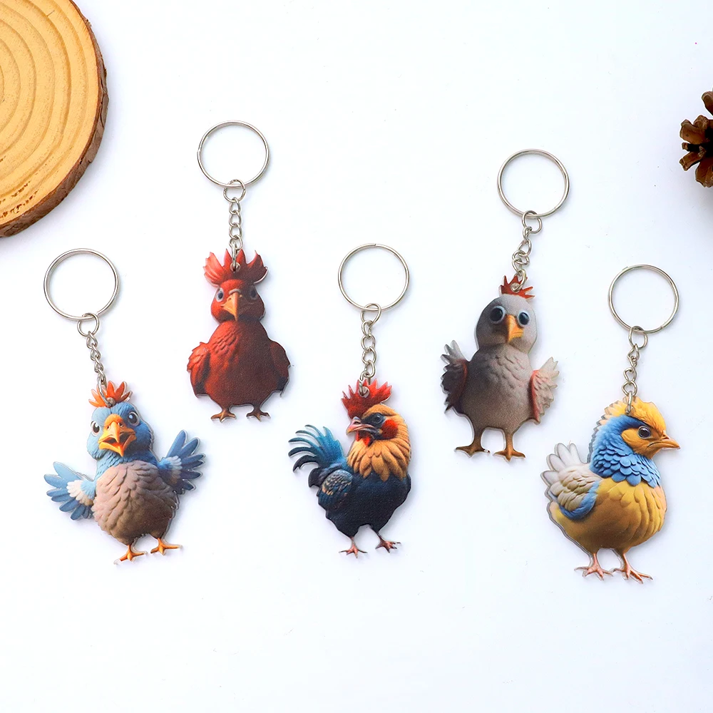 Christmas Rooster Keychain Creative Cartoon Acrylic Chicken Key Ring For Men Car Key Holder Backpack Pendants Crafts Gifts