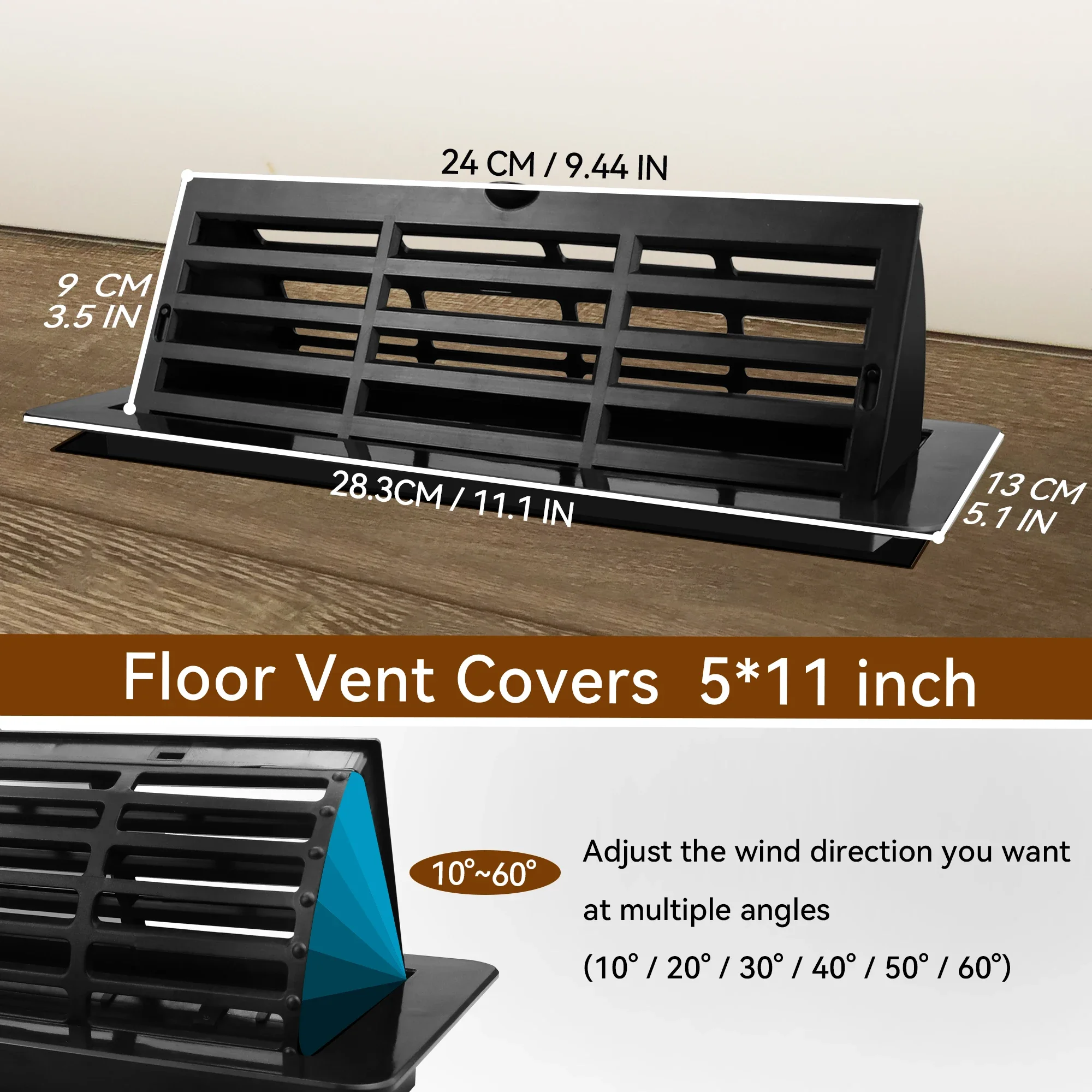 Floor Vent Covers 4 X 10 Inch, Adjustable Air Vent Deflectors for Home Floor, Sidewall, Office or Ceiling Black Floor Register image 3