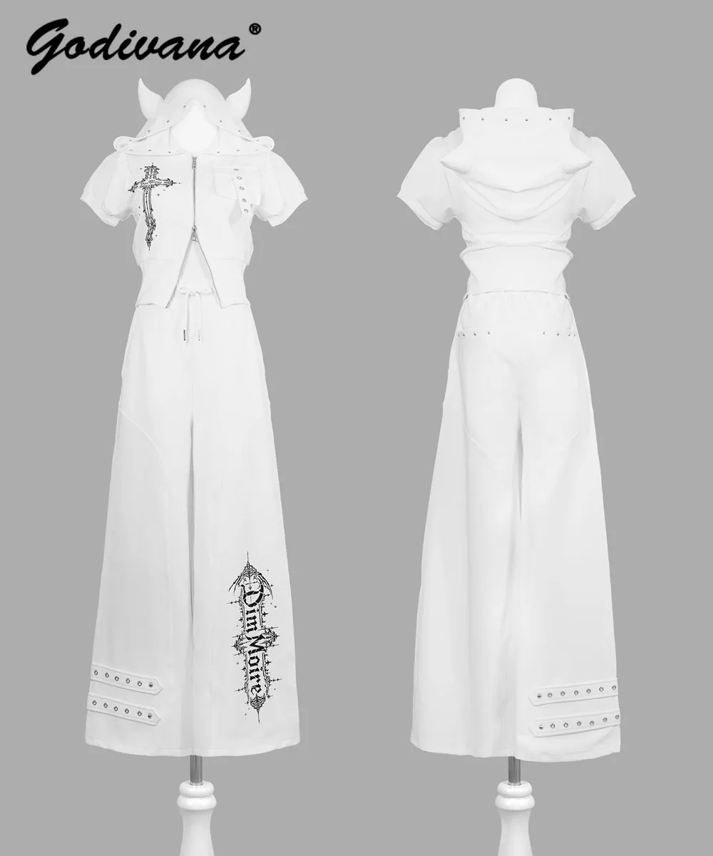 Japanese Harajuku Style Little Devil Hooded Rivet Zipper Short-sleeved Cardigan Coat Lace-up Wide-leg Pants Trouser Set Women