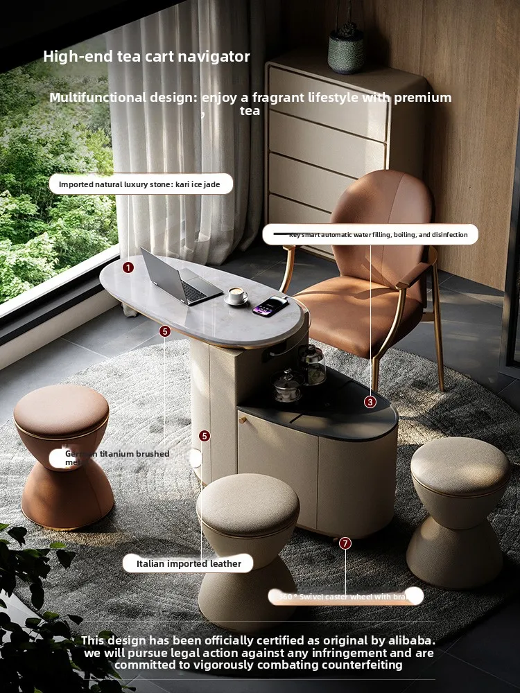 Movable tea table kettle integrated tea table light luxury high-end natural marble balcony tea cart