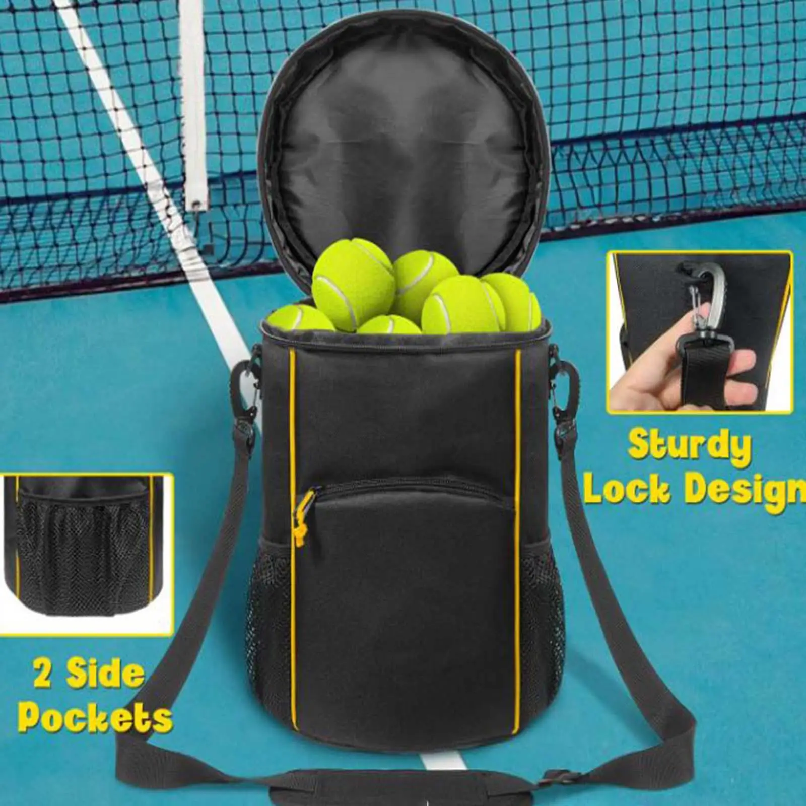 Tennis Ball Bag Storage Bag for Women Men Black Nylon Detachable Adjustable Shoulder Strap Carry Bag for Pickleball Baseball