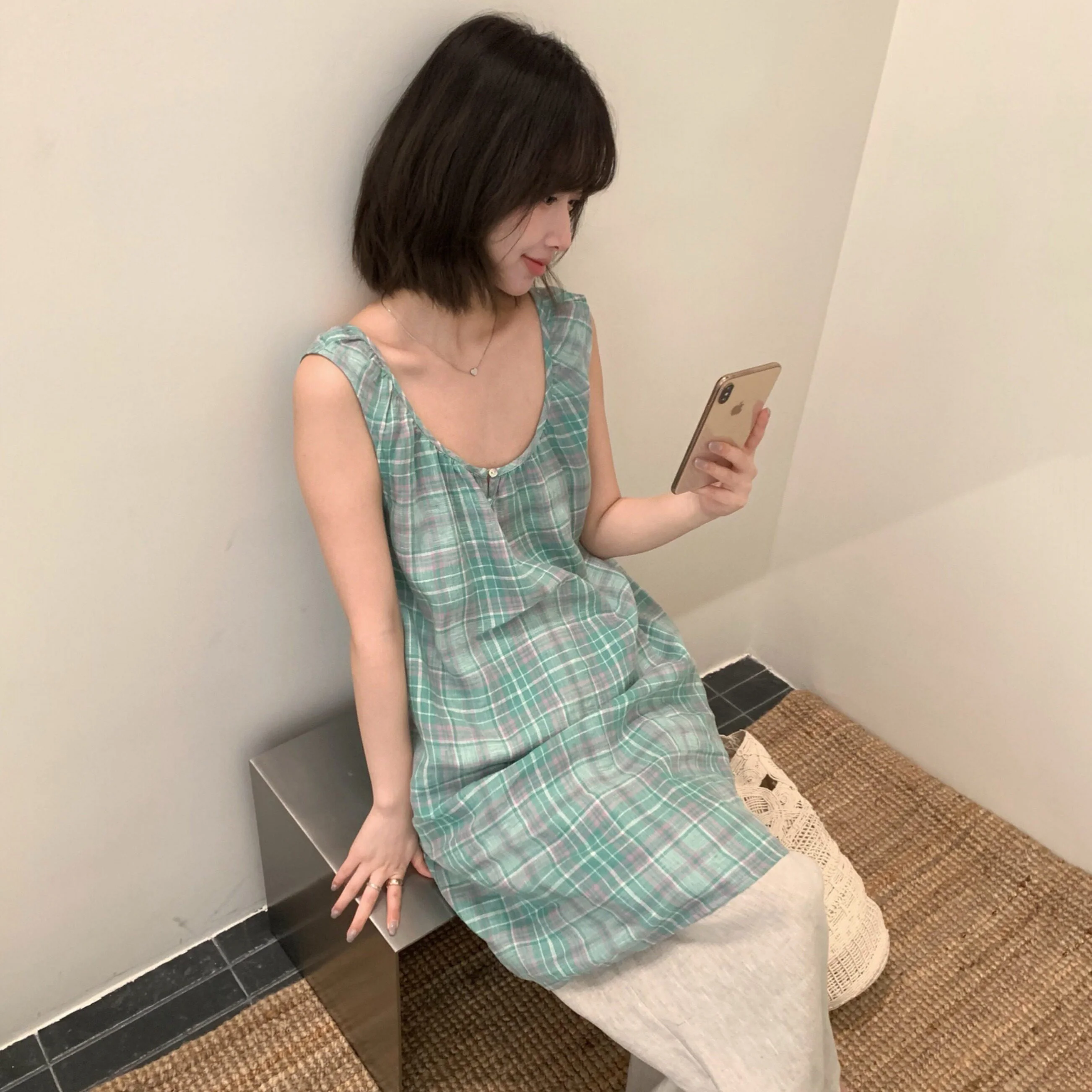 Korean Style Sweet Plaid V-Neck Vest Short Skirt Slimming Design Sense Dress Layering Versatile Commute High Waist Summer Casual