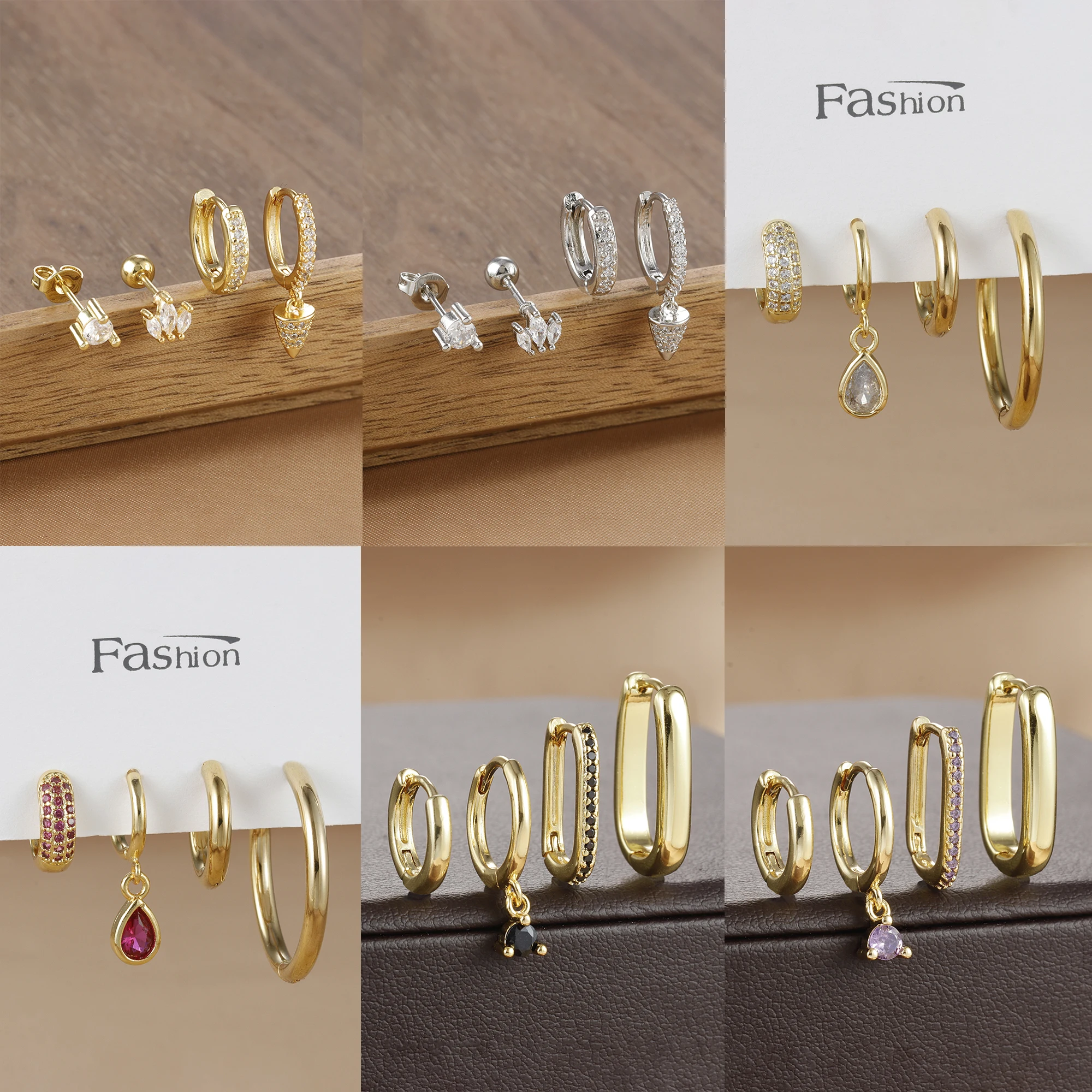 4PCS Fashion Gold Color Pendant Stainless Steel Hoop Earrings Set for Women Geometry Temperament Charm U-shape Earrings Jewelry