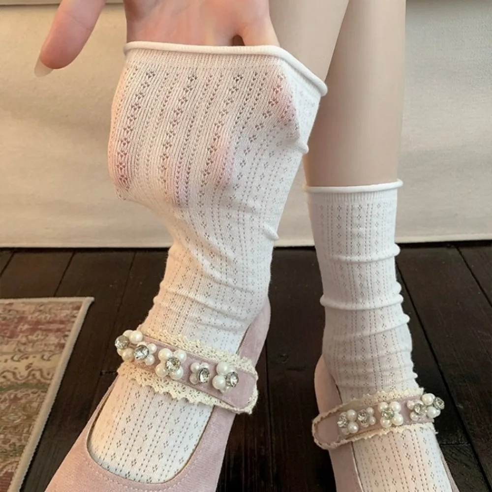 Spring Summer Thin Women's Socks and Hosiery Ballet Style Hollow Breathable Medium Tube Socks Sweet Lolita Stacking Socks