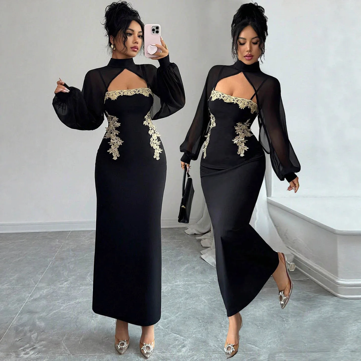 2026 Black And Gold Embroidered Dress, Mesh Patchwork, Long Sleeves, Smart Fit, Elegant Long Clothes For Women. Clothing Party