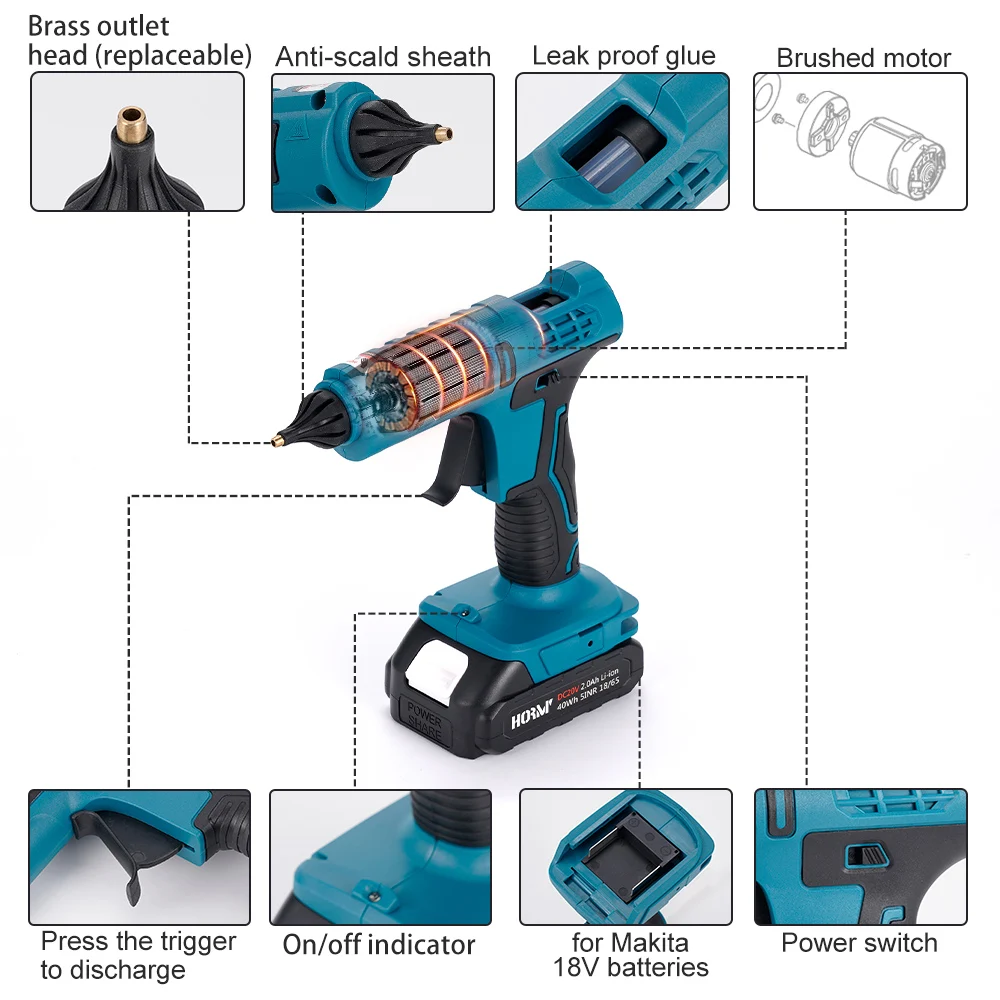Hormy Electric Hot Melt Glue Gun Cordless 11mm colla Stick Hot Melt saldatura pistola ad aria calda strumento di riparazione fai da te per batteria Makita 18V