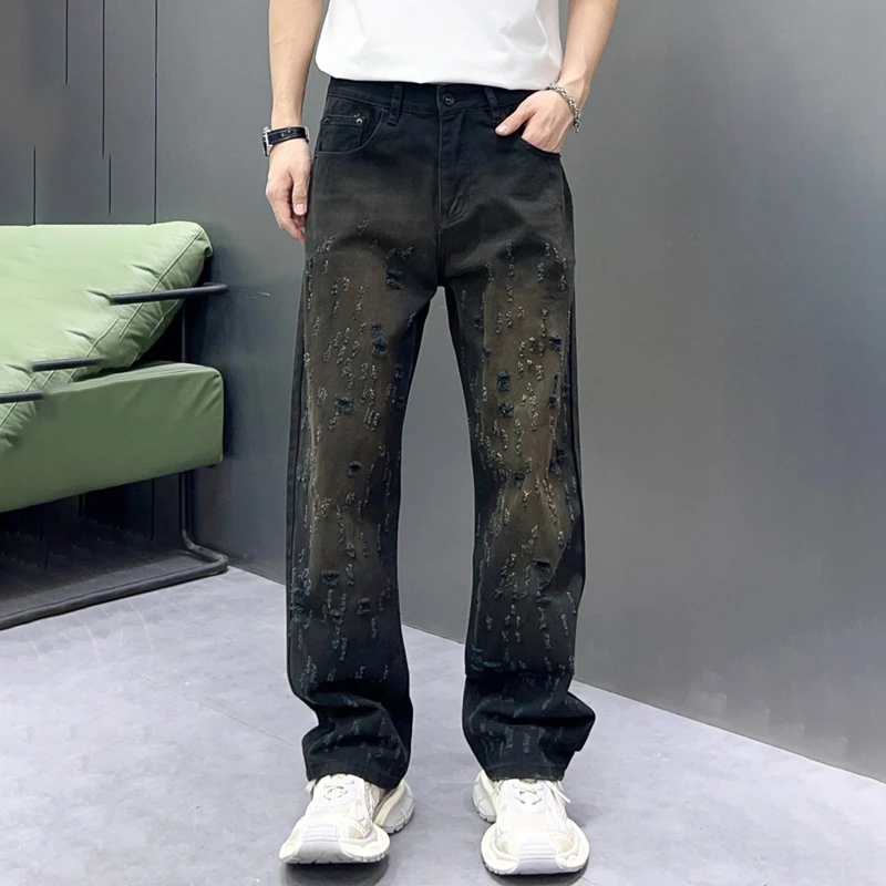 

Damaged Men's Denim Pants Baggy Dirty Washed Regular Fit Trousers Scratched Holes Male Grunge Jeans