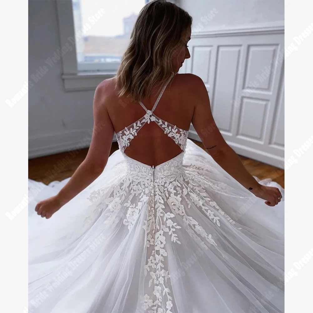 Deep V-Neck Women Wedding Dresses Flower Shoulder Strap Tulle Surface A-Line Gowns Newest Mopping Length Bright Princess Robes