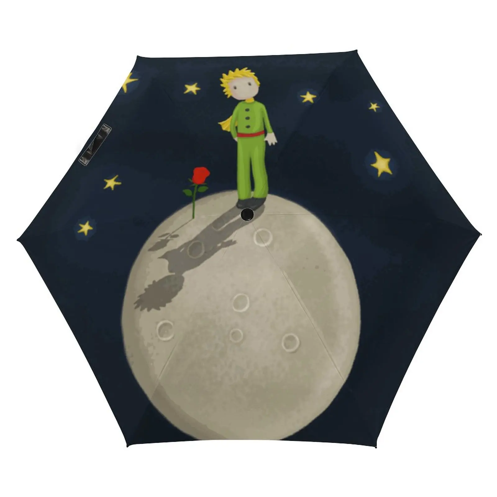 Guarda-chuva pequeno príncipe com 3 dobras, raposa fofa e estrelas, resistente ao vento, guarda-chuva de bolso, não automático, para homens e mulheres