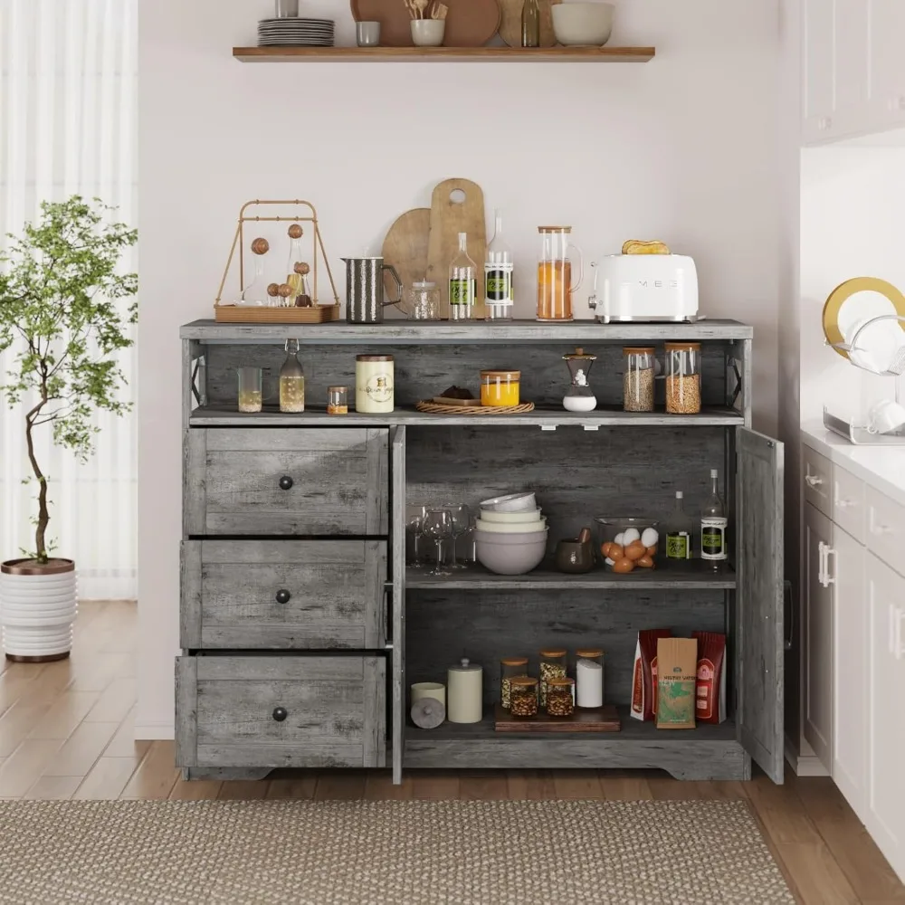 Grey Farmhouse Style Storage Cabinet with Doors and Drawers, Kitchen Buffet Hutch, Pantry Sideboard Cabinet for Organization