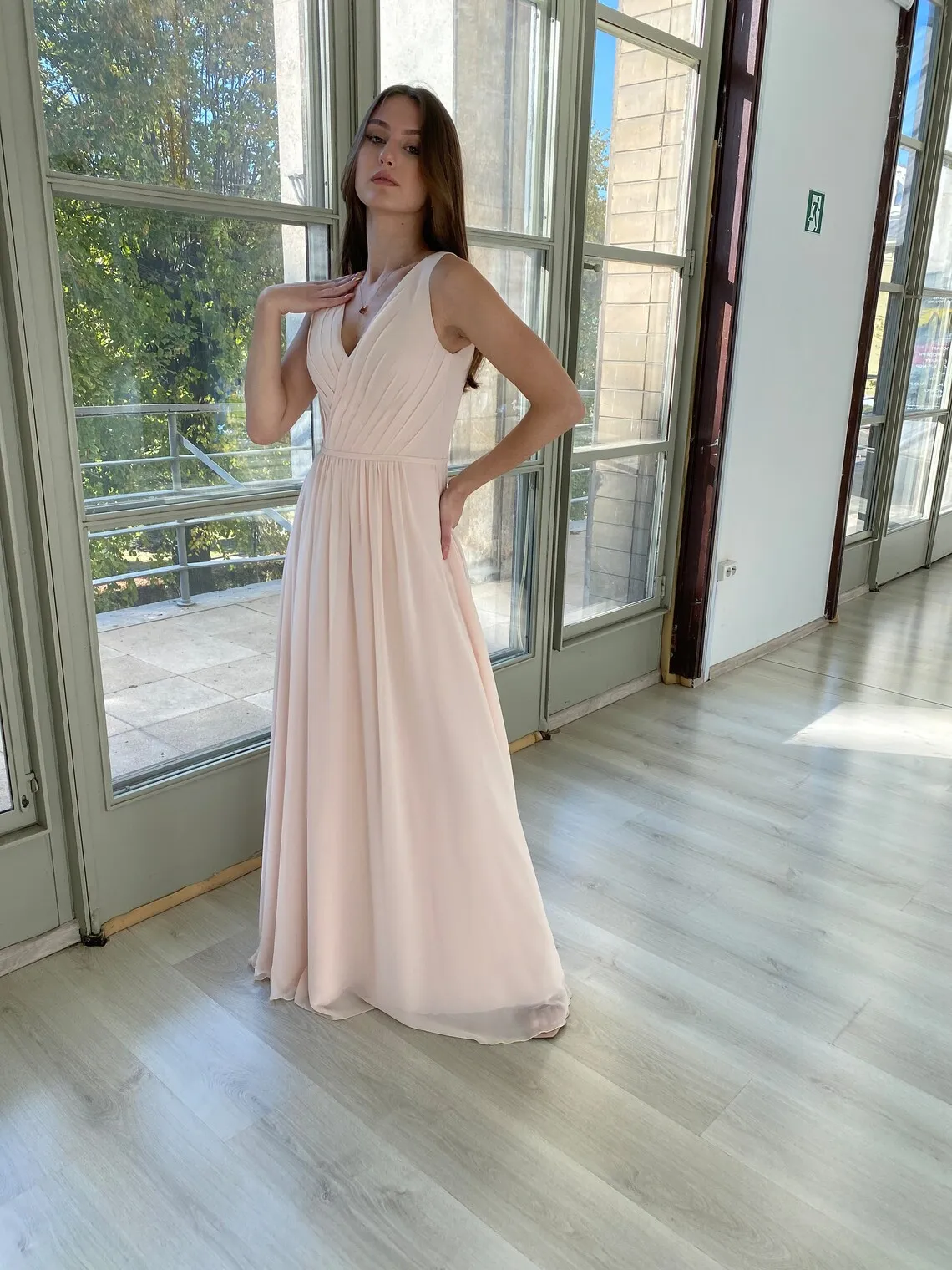 Pink Prom Dresses Chiffon Long Pleats V Neck Long Floor Length Formal Party Graduation Evening Gowns Bridemaid Dress