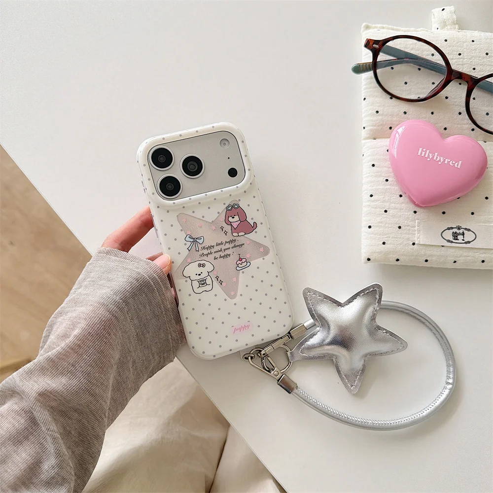 Cute Polka Dot Dog Star Print Phone Case For iPhone 15 16 17 Pro Max With Silver Star Wrist Strap Shockproof Protective Cover