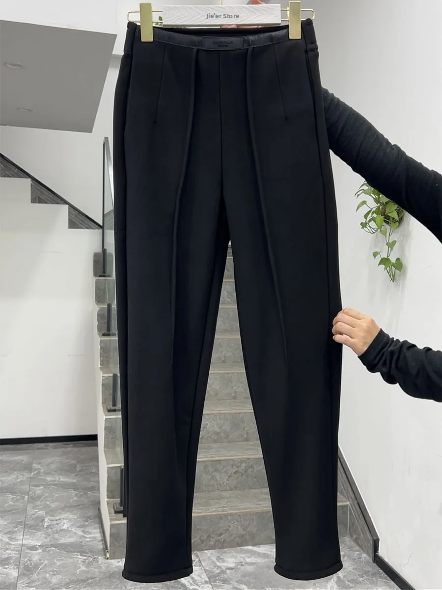 

High Waist Fce Lined Elastic Casual Pants Women's plus Size Loose Fit Long 95cm Bla Slimming Nine Point Pants