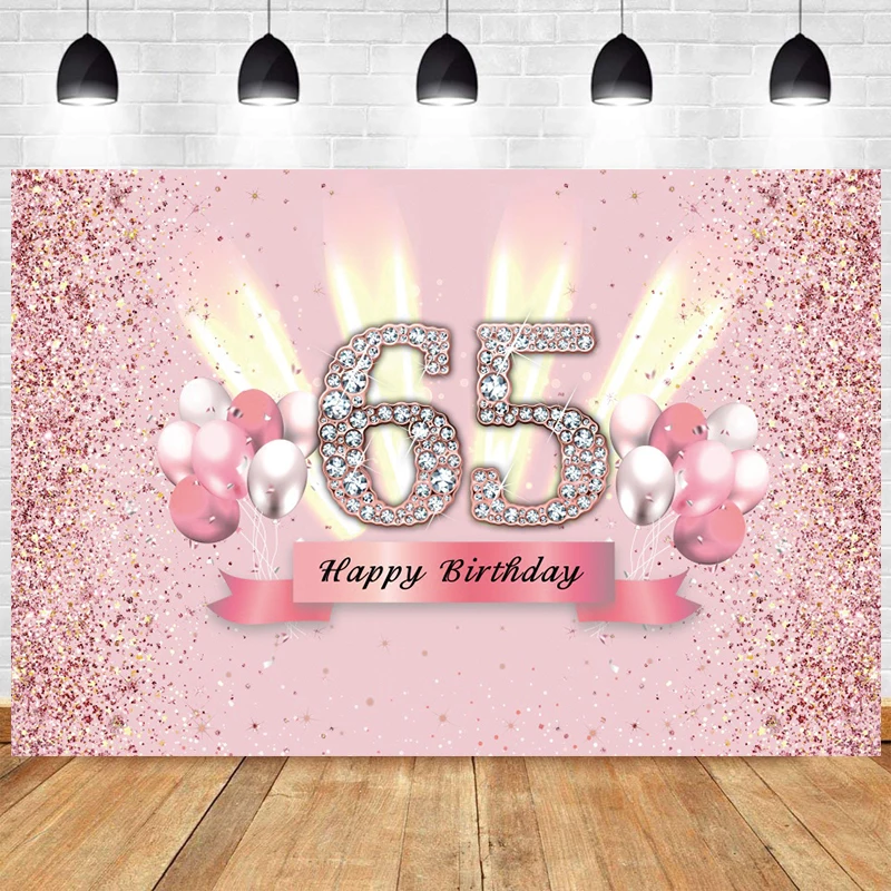 

Happy 65th Birthday Backdrop for Grandma Woman 65 Years Anniversary Party Pink Glitter Balloon Decoration Photography Background