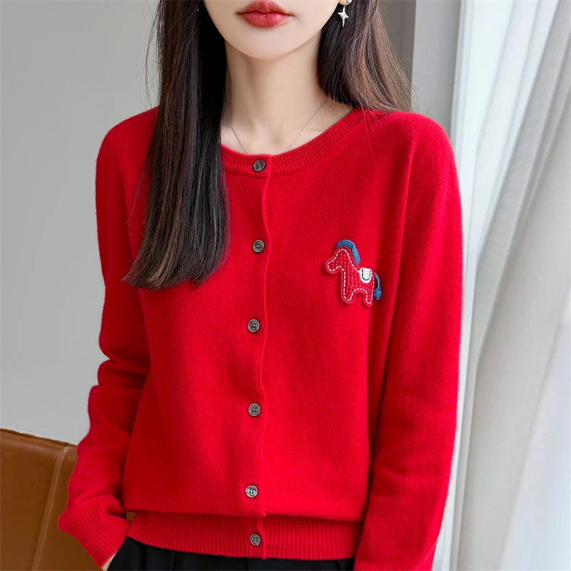 

New Worsted Spring And Autumn Women Cardigan Round Neck Knitwear Solid Color Fashion High-grade Knitwear-ZD-3041