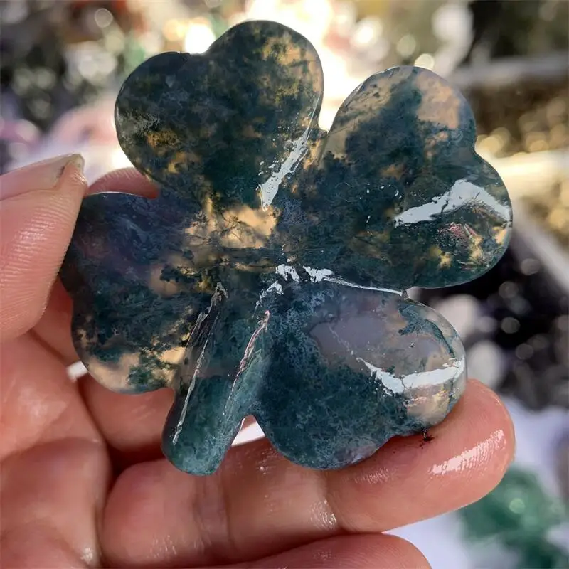 الطحلب الطبيعي العقيق أربع أوراق البرسيم نحت الأحجار الكريمة الريكي أحجار استشفاء محظوظ الحرف غرفة مكتب تمثال للتزيين هدية 2 قطعة