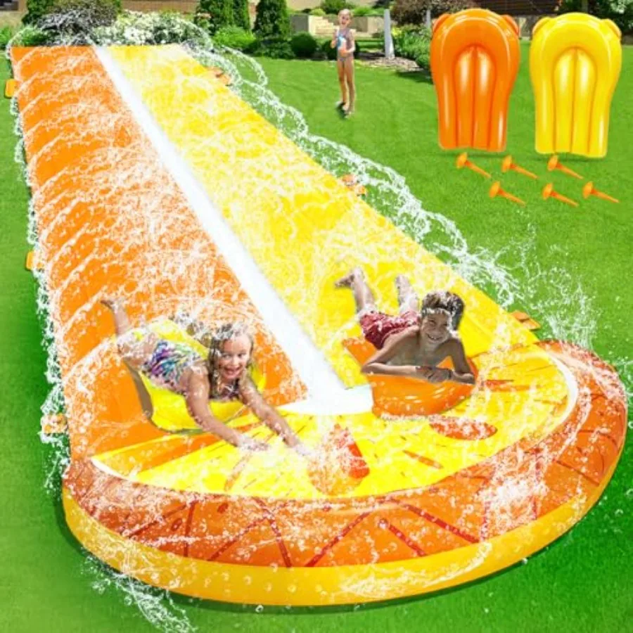 

Backyard outdoor summer water slide for kids and adults heavy-duty PVC blue-yellow 2-lane racing with bodyboards 20 x 5.6 ft