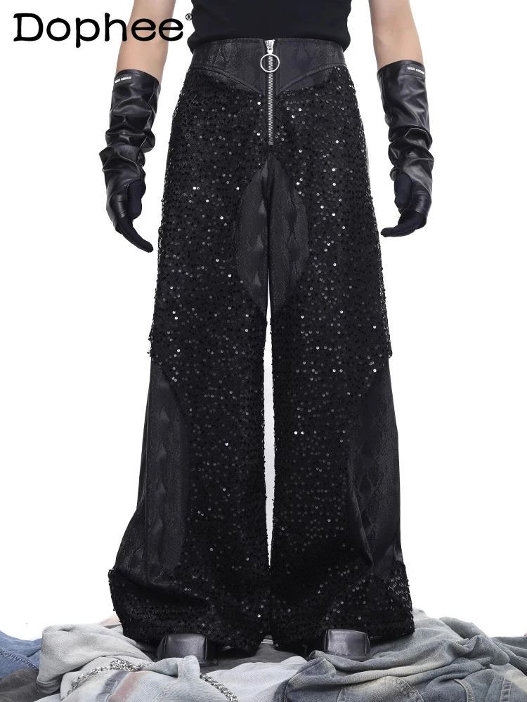 

Men's 2025 Summer New Starry Sky Sequin Splicing Leather Cargo Pants Straight Wide-Leg Pants Male Multi Zipper Design Trousers