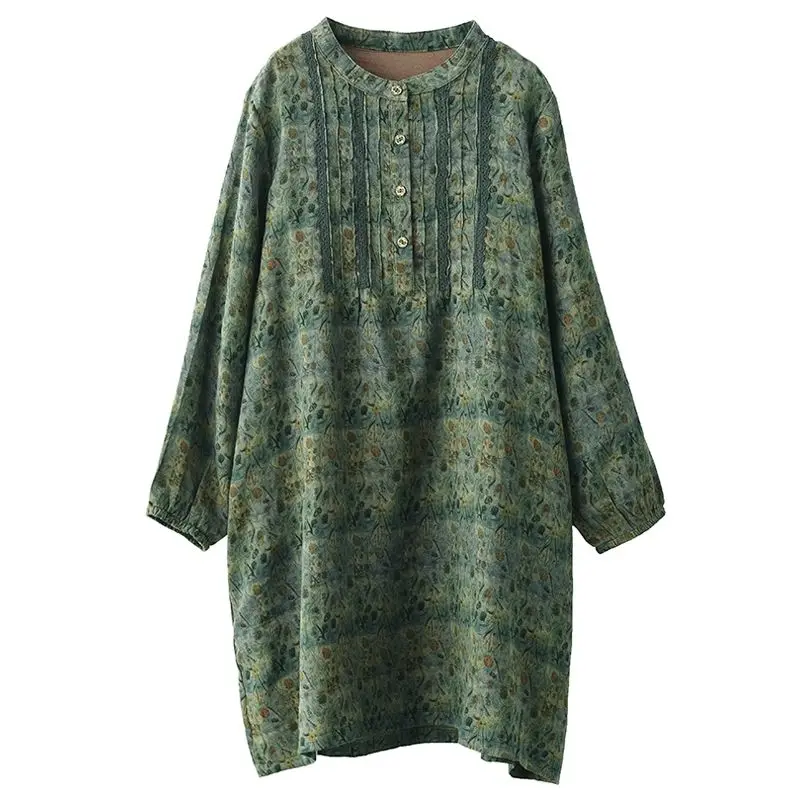 Vintage 2023 Button Round Neck Printing Long Sleeve Womens Spring Autumn Ethnic Style Loose Fitting Mid Length Straight Dresses