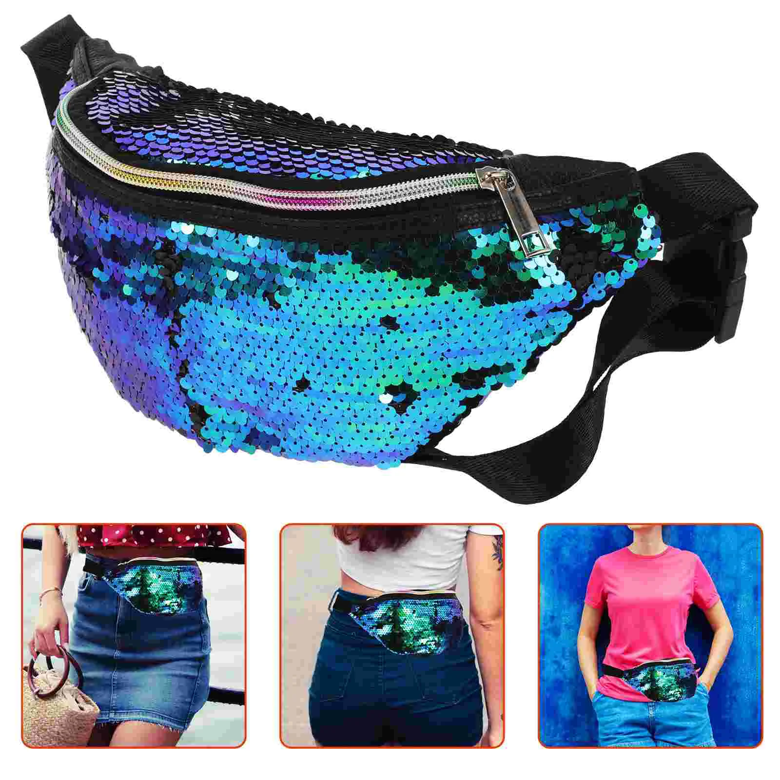 Waist Pouch Mermaid Sequins Pockets Shoulder Bag Slung Sequin Bag Green and Black outdoor wasit bag