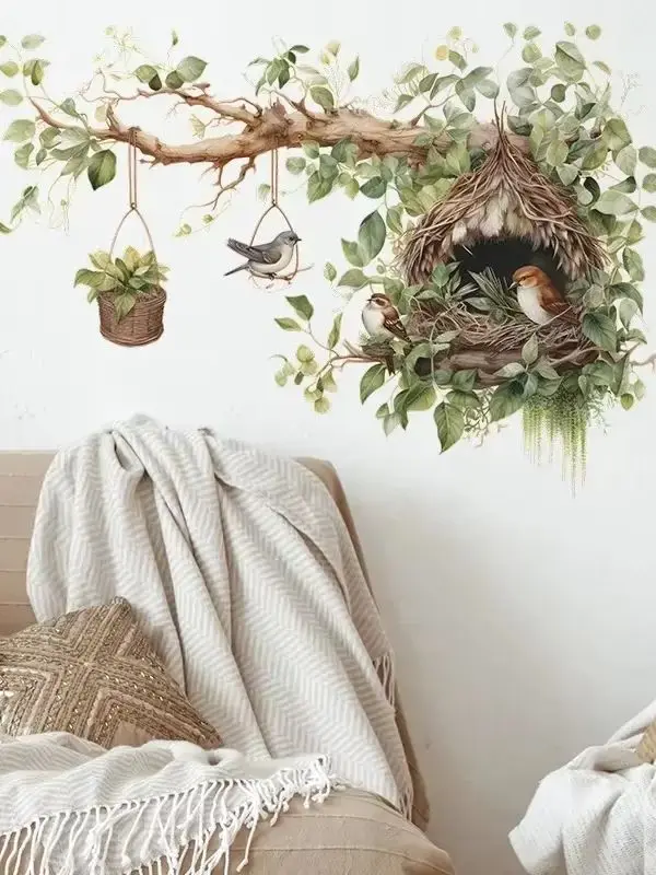 Cartoon Cute Bird Nest Wall Stickers - Self-adhesive Branch Decals for Kids Bedroom & Entryway Decor