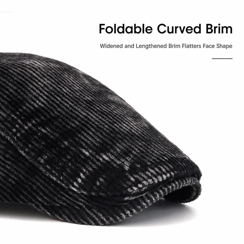 Vintage British Style Corduroy Flat Cap Soft Lined Adjustable Newsboy Hat Windproof Warm Driving Cap Outdoor Casual