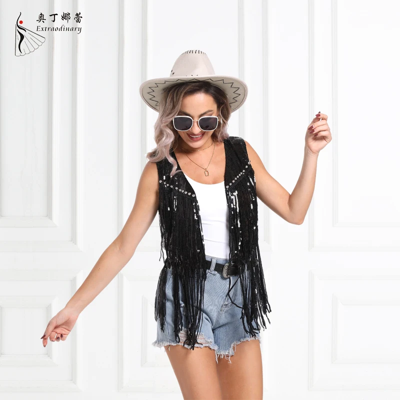 Sequin Tassel Vest Women Fashion Solid Casual Fringe Vest Sleeveless Hip Hop Jacket Denim Style waistcoat Dancing Music vest ﻿