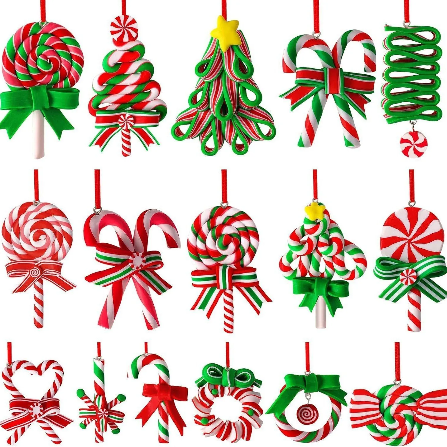 16 Stück Mini-Weihnachtszuckerstangen-Ornamente aus Polymer Clay, Pfefferminz-Lollipop-Anhänger, Weihnachtsbaum-Hängedekoration – Detail 1