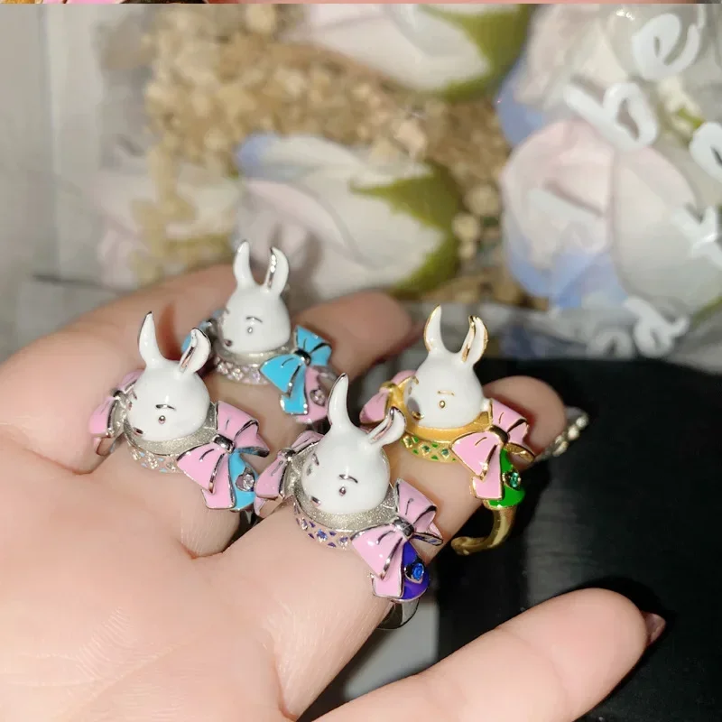

MDL Moissa!ite Style Sweet And Cool Fairytale Bunny Design Ring Microset Zirconia Diamonds Enamel Drip Stainless Steel Ring