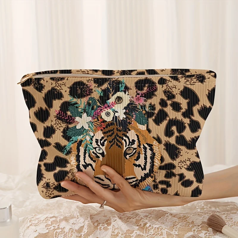 Fashionable tiger leopard print corduroy makeup bag with zipper, lightweight multifunctional cosmetic storage bag with lining