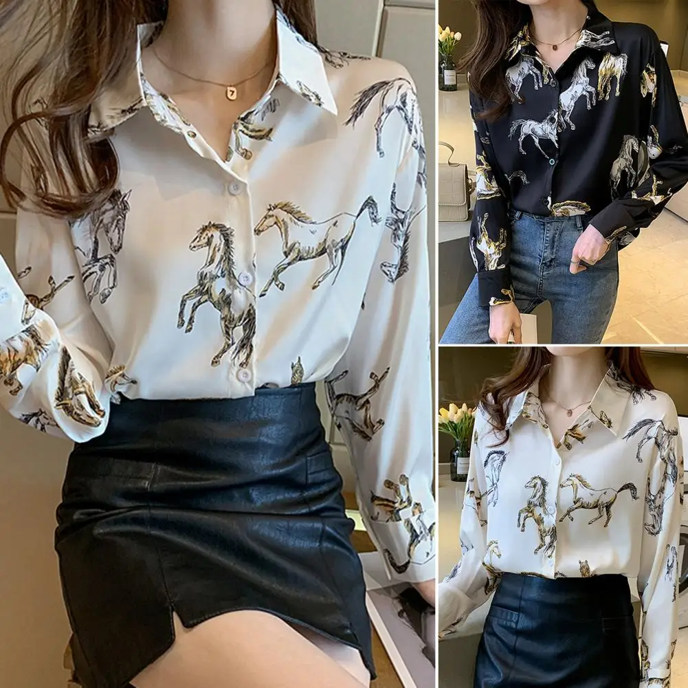 Stylish Women Blouse Soft Fabric Horse Print Breathable Animal Pattern Lady Shirt  Lady Shirt Commute