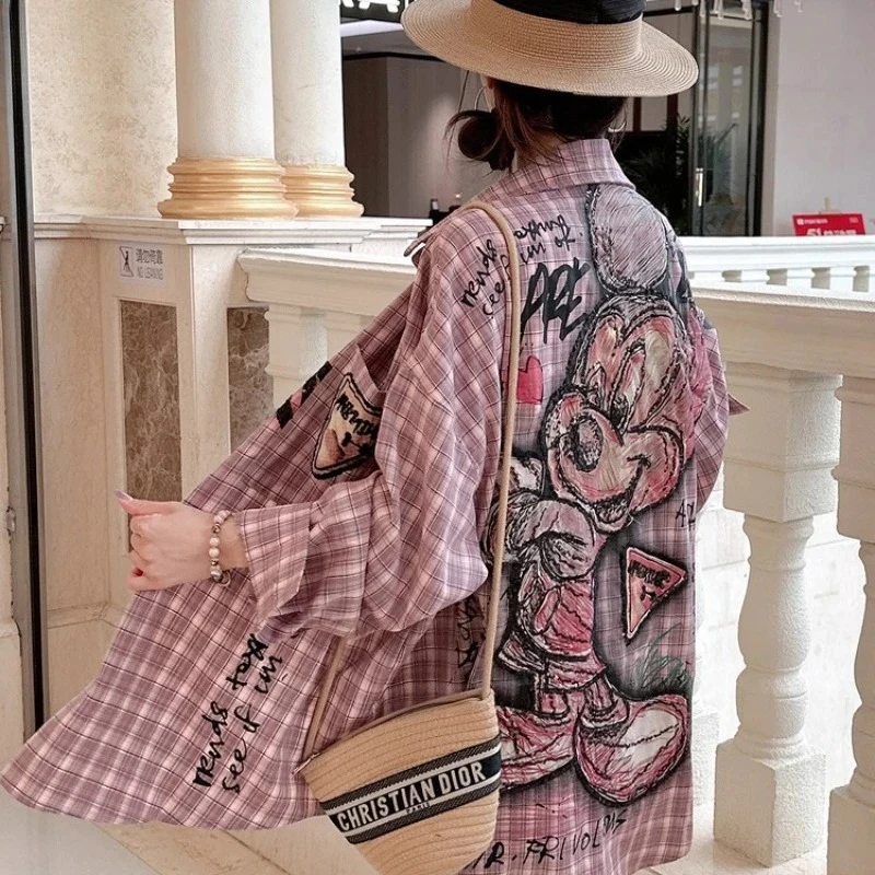 

Women's Oversized Pink Plaid Shirt Jacket - Mickey Mouse Graffiti Graphic Chic Outerwear | Vintage Casual Loose-Fit Coat
