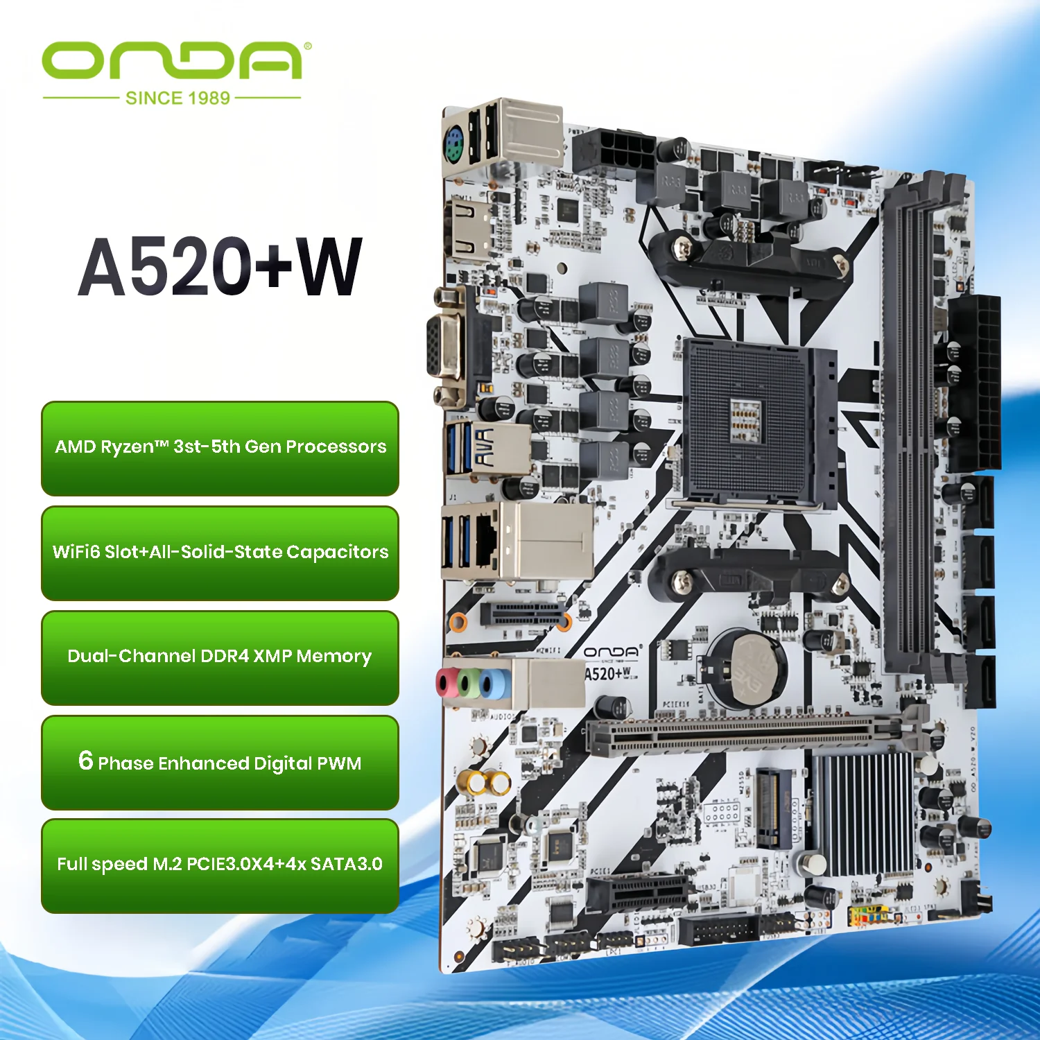 

New ONDA A520 AM4 MATX Motherboard-Ryzen 3000/4000G/5600X/5700X Ready,Dual DDR4,M.2 NVMe PCIe3.0,PCIe 3.0 x16,WiFi6 Slot,4x SATA