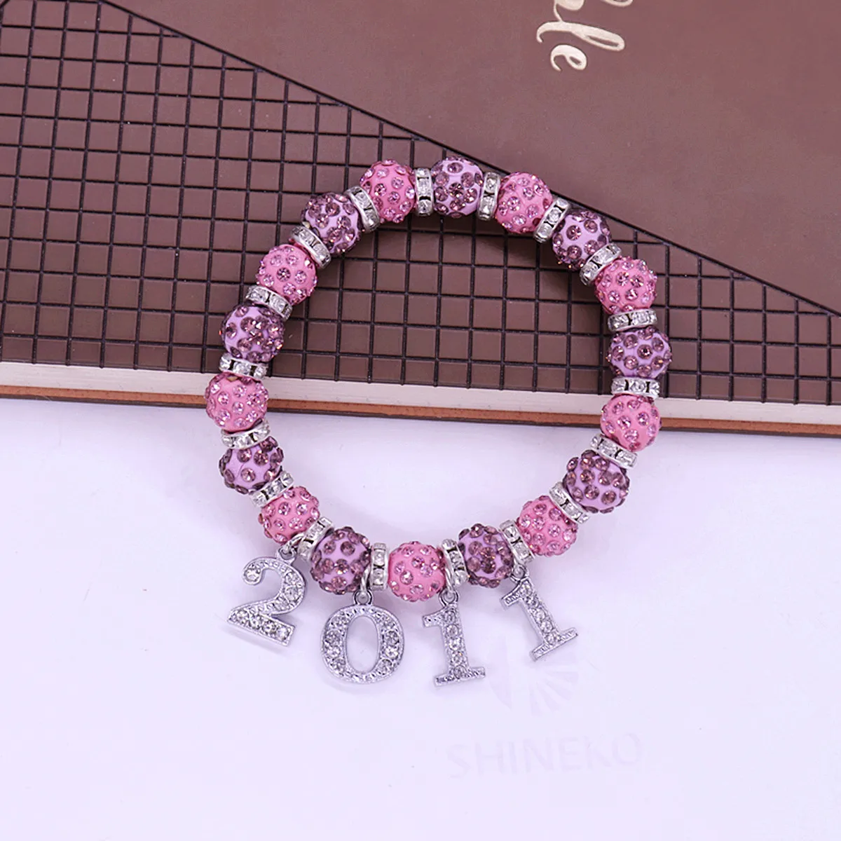 Pink Purple Crystal Beads University Women Soror Group Symbol EST 2011 Epsilon Bracelet Stretch