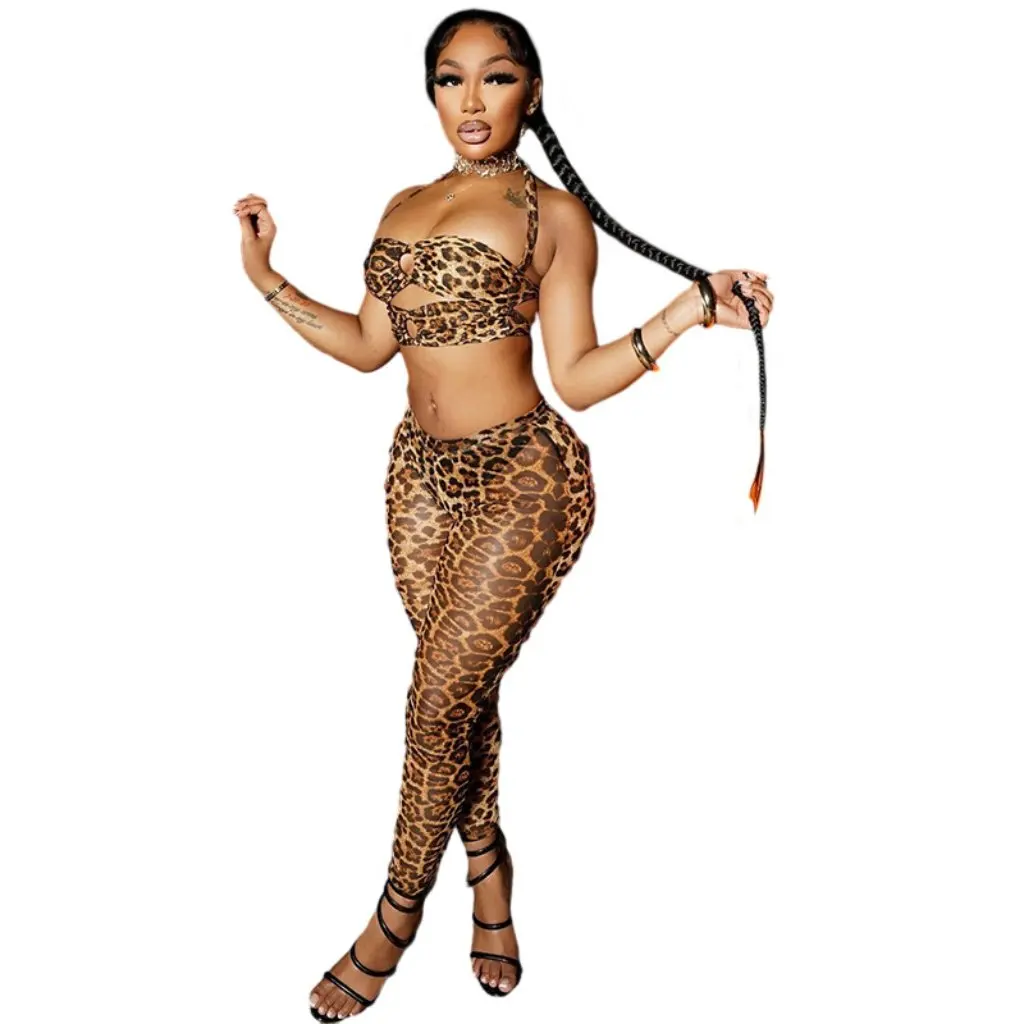 

Women's Sexy Fashionable Leopard Print Two-Piece Set Chest-Wrapped Suspenders And Pants European American Style