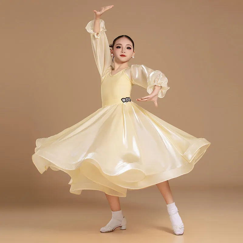 New Ballroom Dance Competition Clothing Girls Mesh Long Sleeve Big Swing Skirts Performance Suit Waltz Modern Costumes