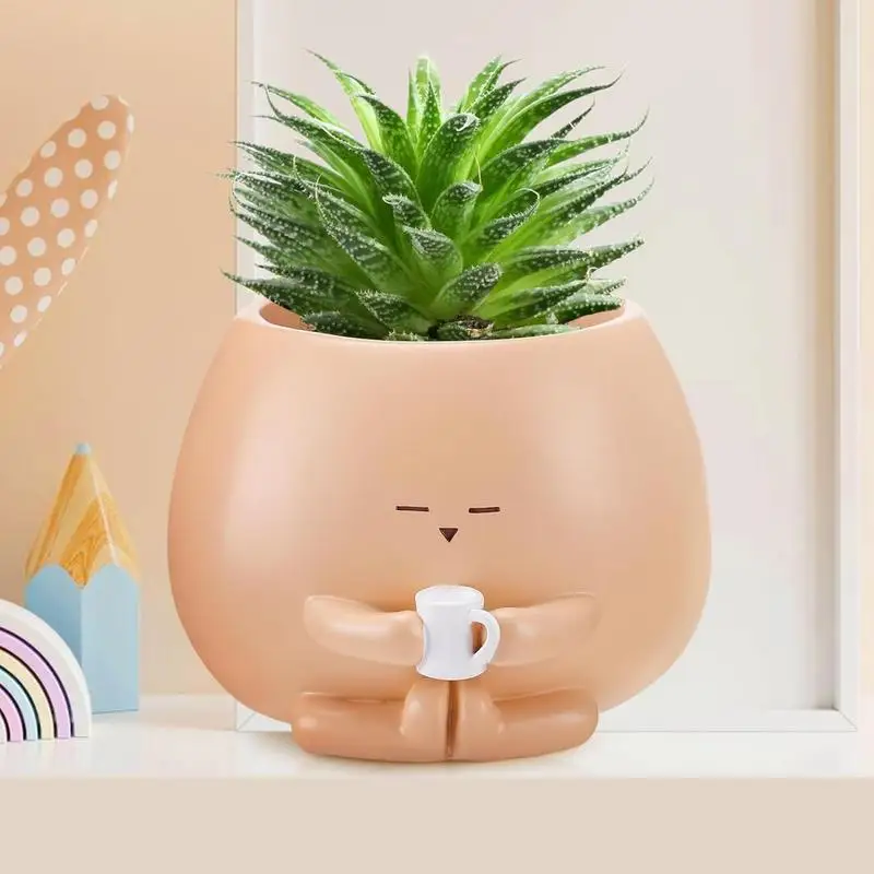 Cute Plant Pot Resin Sitting Figure Holding Cup Plant Pots Indoor Outdoor Interesting Potted Plant Containers Multi-Function