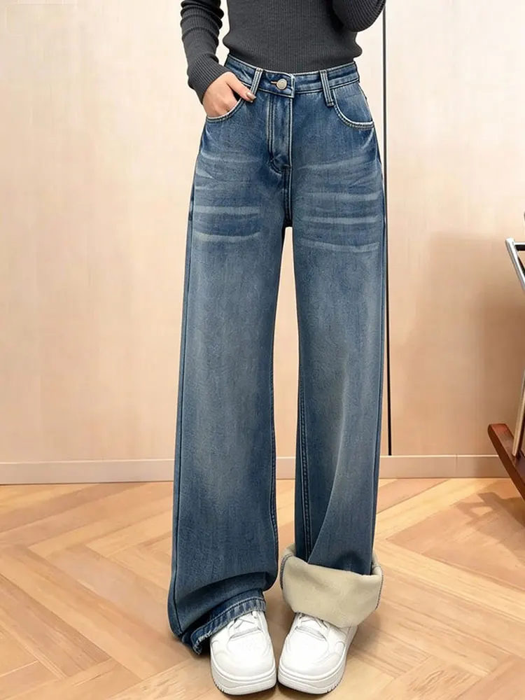 

Thiened Fce, широкие джинсы с высокой талией, женские свободные прямые длинные брюки для похудения, синие ретро модные осенне-зимние брюки