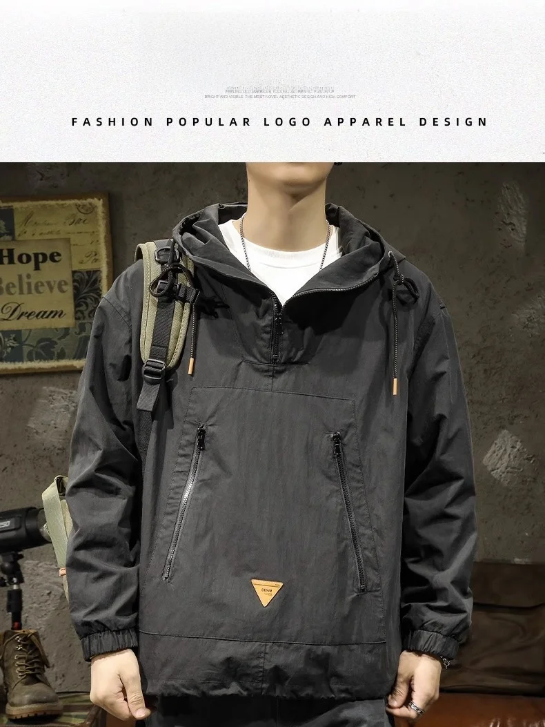 Large Size Outdoor Workwear Jacket Men's Autumn Winter Loose Casual Half Zipper Hooded Windbreaker Youth Popular Style