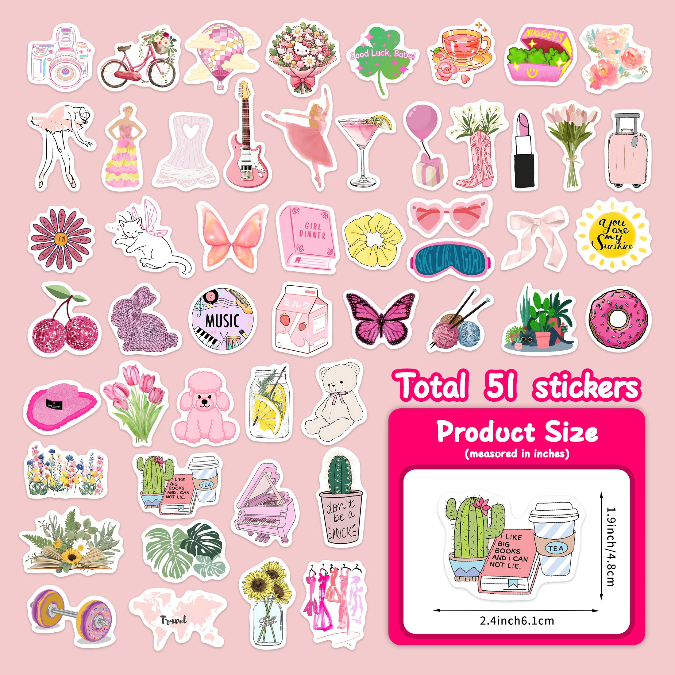 素敵なパターンのダークステッカーで光る、防水ビニールデカール、子供向けのDIYギフト、本、スケートボード、電話の装飾、ピンク、50個