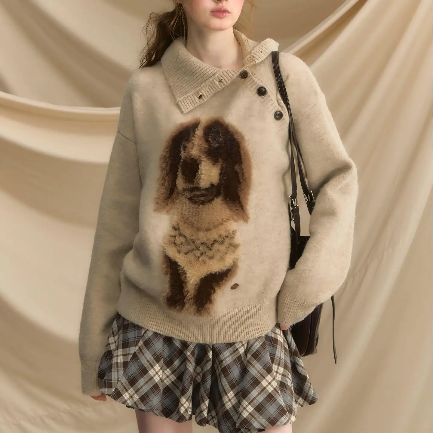 Chic Autumn and Winter Pullover Sweater Female Puppy Retro Street Trend Loose Lazy Wind Wear Knitted Sweater Female Y2K Jumpers