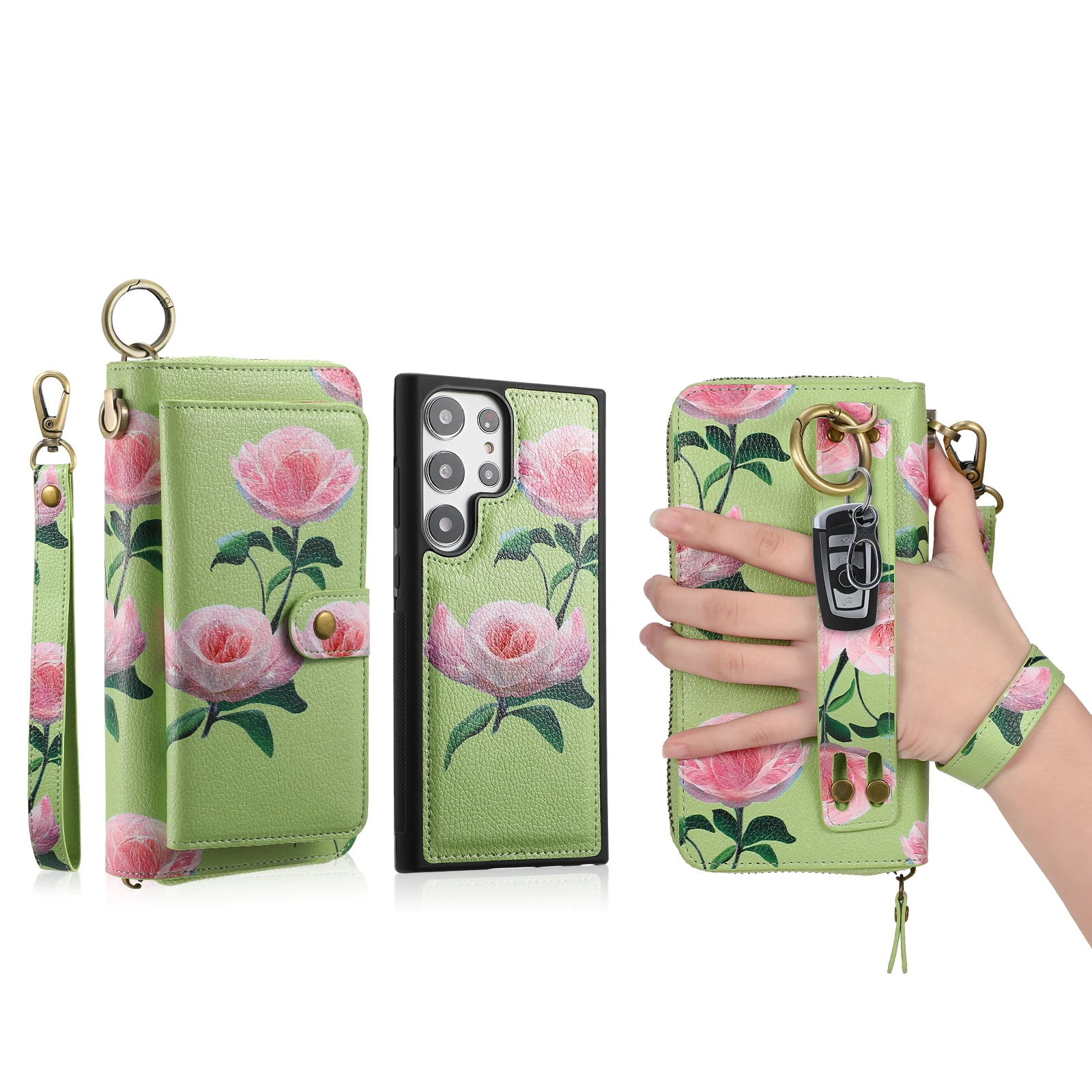 Wristband Zipper Wallet Cards Solt Flower Phone Bag For Samsung Galaxy S23 Ultra S22 Plus Note 20 Hand Strap Detachable Cover