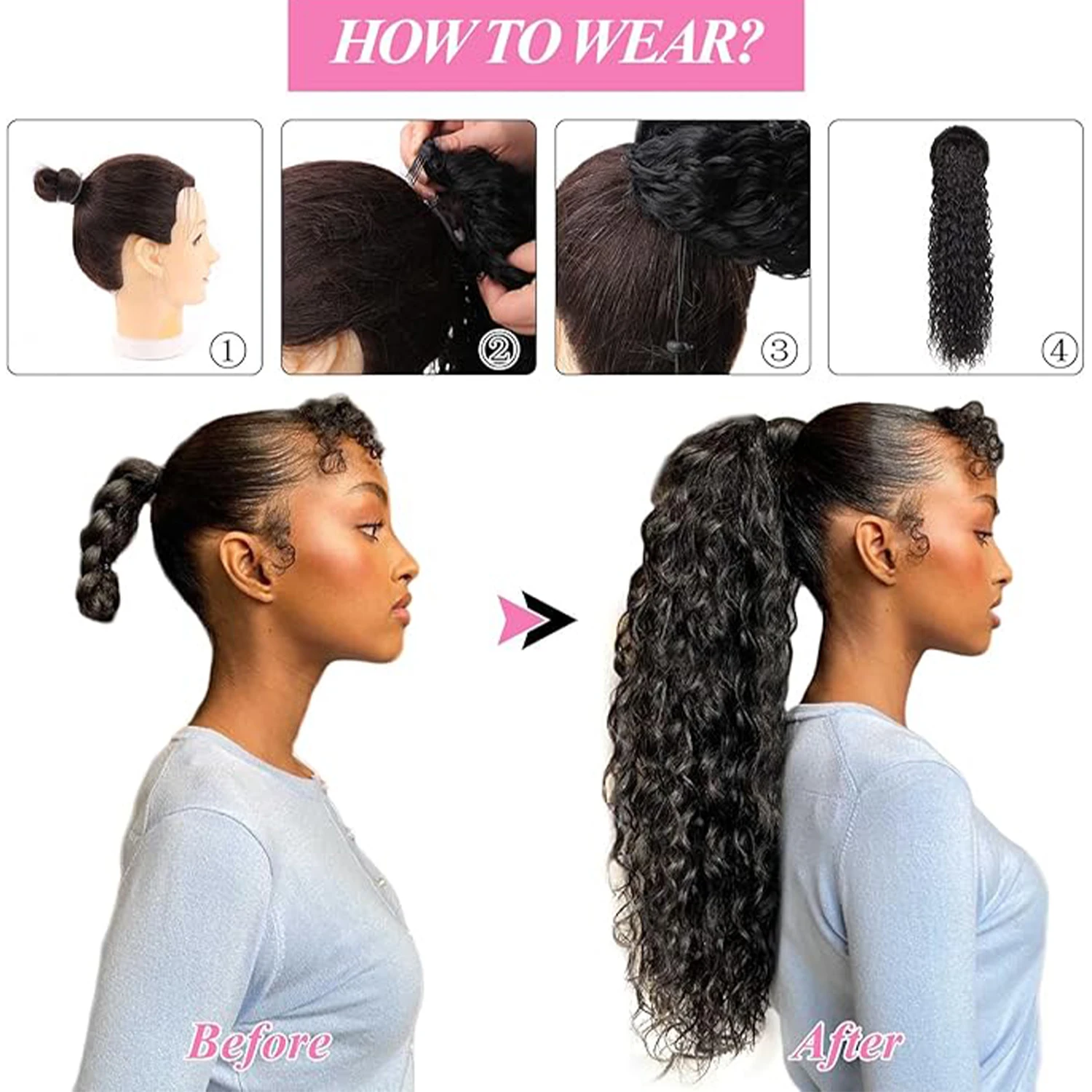 Ponytail Extension Remy Human Hair Water Wave Drawstring Ponytail Extensions Curly Wavy Ponytail Natural Hairpiece for Women