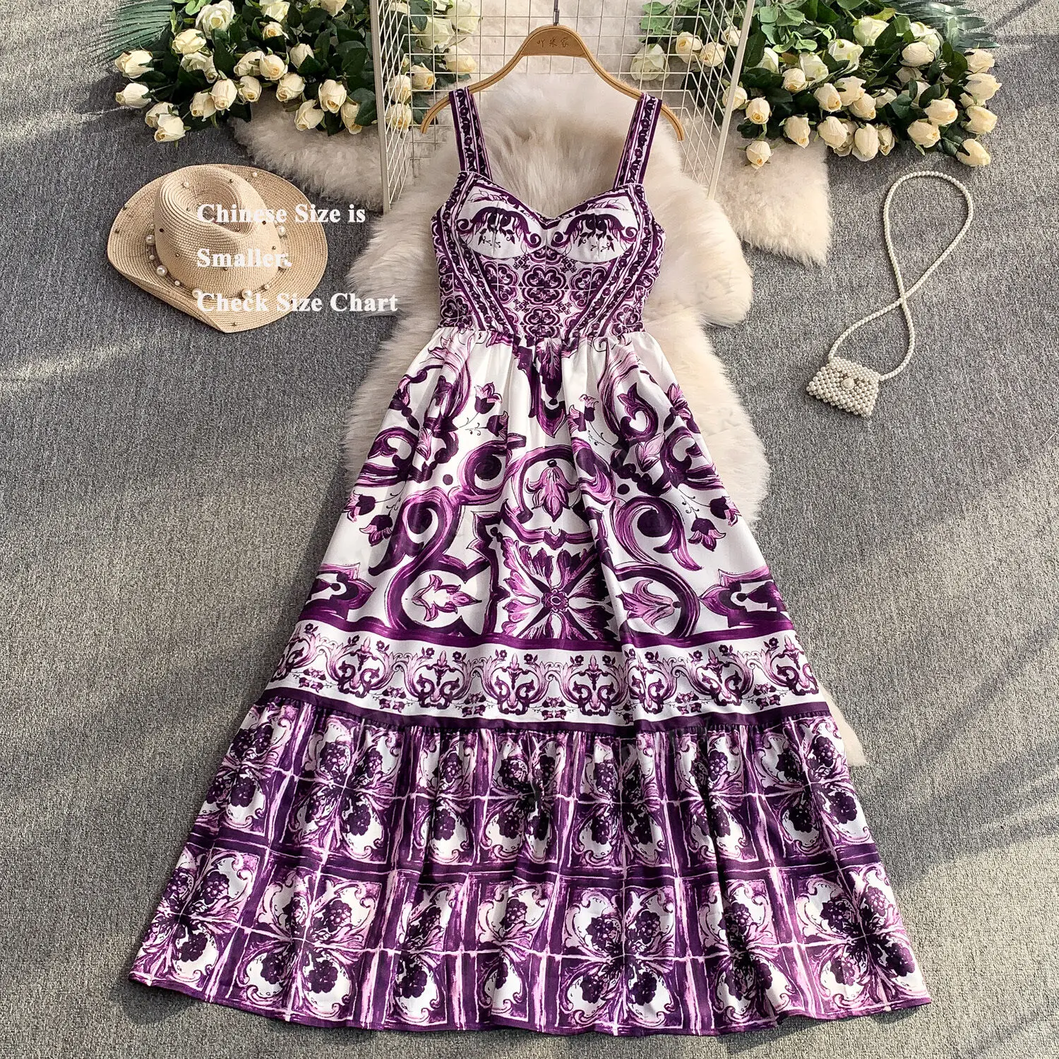 

Summer Floral Pleated Long Dress Women Straps Chest Padded Purple White Porcelain Print Maxi Dresses Bohemian Beach Vestidos