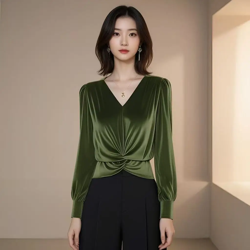 

Temperament V Neck Pleated Blouse Women Clothing Spring Autumn New Trend Long Sleeve Solid Elegant Shirt Tops Casual Fashion