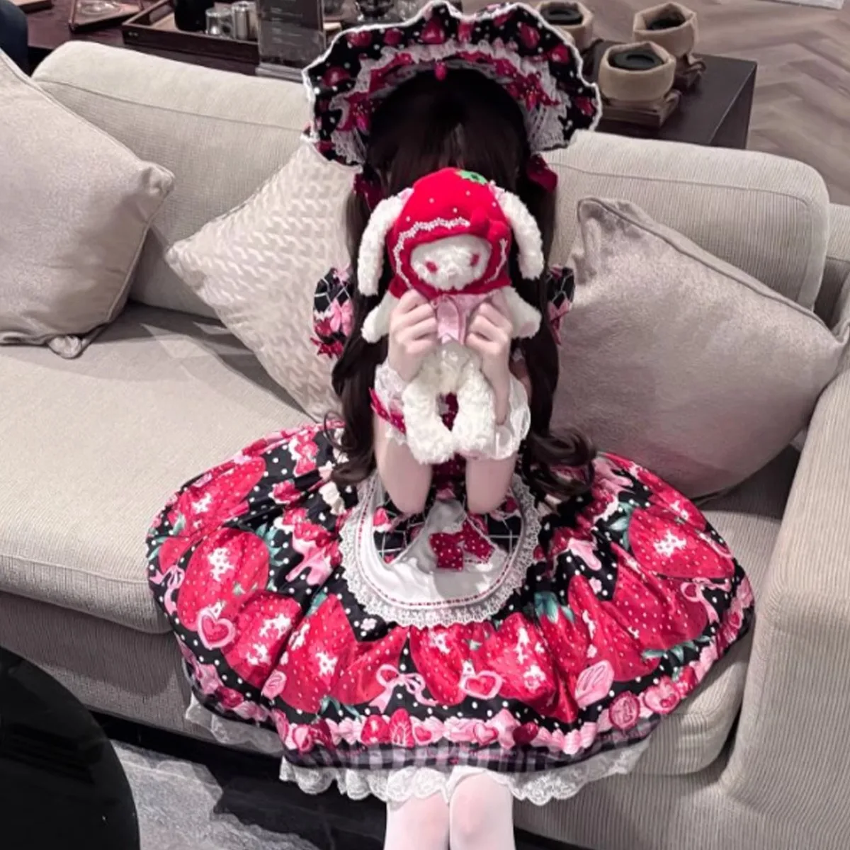 Sweet Strawberry Print Lolita Dress Op Summer New Japanese Girls Cute Bow Kawaii Sling Dress Jsk Loli Lo Cos Dress Apron Set