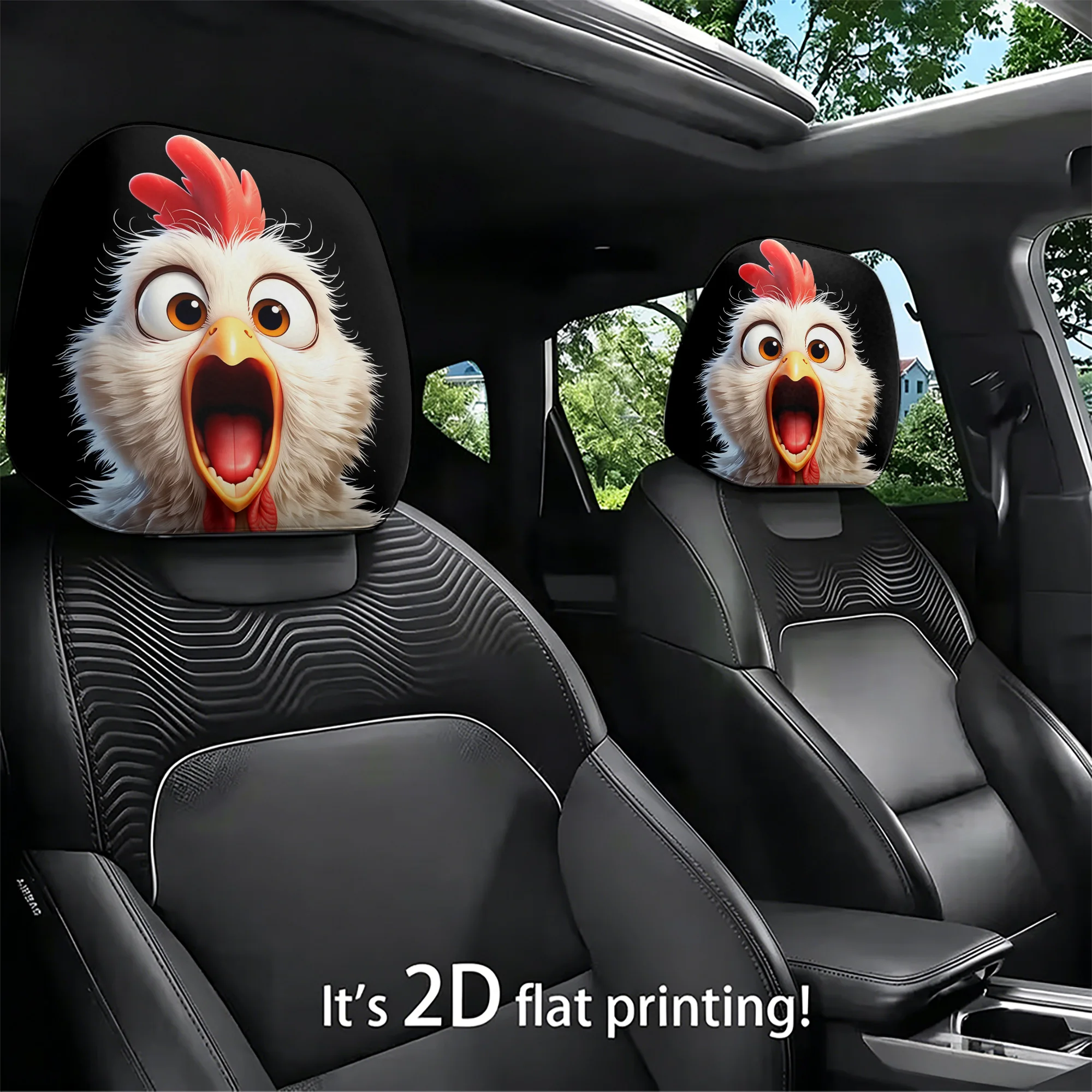 2pcs funny chicken-patterned car headrest covers to add a touch of playfulness to your car’s interior. Does not include filling.